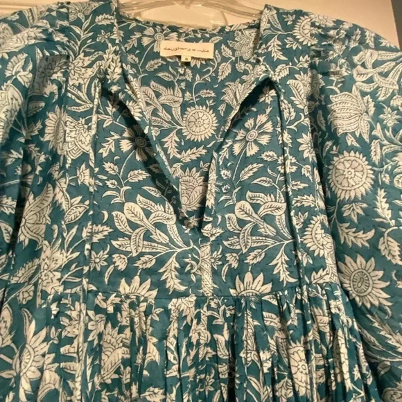 Daughters of India Women’s Dress Flowing Pleated Print turquoise Teal Cotton S - Picture 2 of 11
